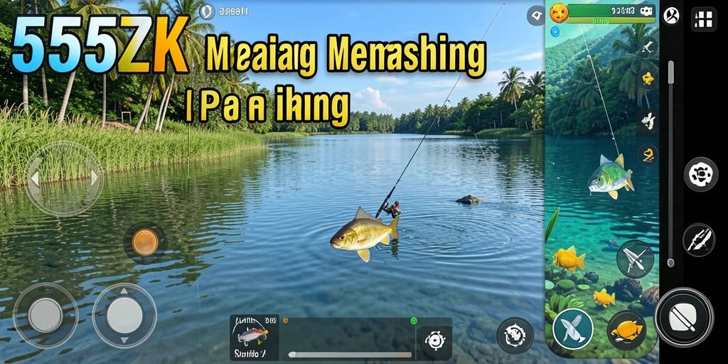 Tampilan gameplay 555ZK yang menampilkan aksi memancing yang seru.