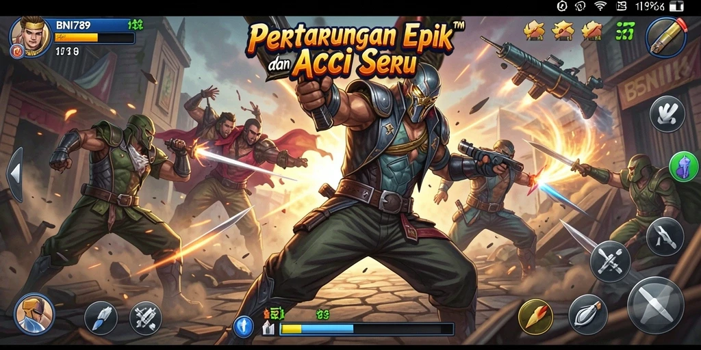 Tampilan gameplay BNI789 dengan karakter bertarung di arena.