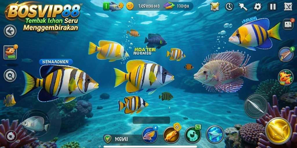 Screenshot gameplay BOSVIP88 menampilkan momen seru menembak ikan.