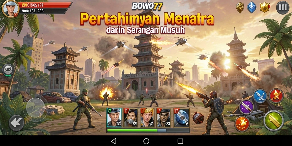 Screenshot gameplay BOWO77 menunjukkan menara yang siap bertahan.