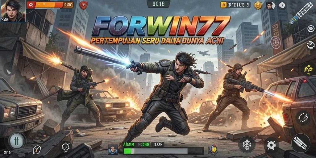 Screenshot utama FORWIN77 menampilkan aksi pertempuran yang mendebarkan.
